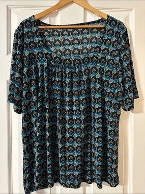 Source Unknown Black and Teal Geometric Scoop Neck Blouse